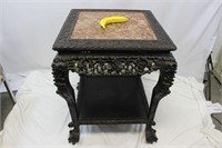 Vintage Ornate Carved Wood Marble Top Table Cart