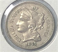 1875 Three Cents Nickel AU