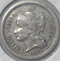 1881 Three Cents Nickel AU50
