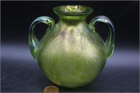Vintage Iridescent Two Handle Art Glass Vase