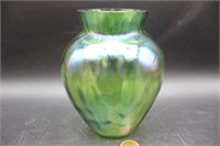 Vintage Iridescent Lobed Green Art Glass Vase