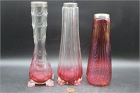 Three Antique Cranberry/Sterling Bud Vases