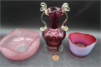 Vintage Trio Cranberry Art Glass Vessels
