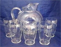Etched Glass Pitcher w/ 5 Glasses