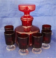 7 pc Ruby Red Decanter w/ 6 glasses