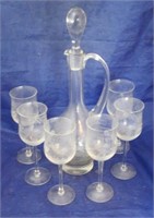 Glass Decanter w/ 6 Glasses - 15" tall