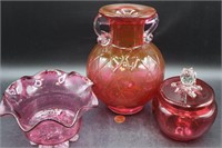 Three Vintage Cranberry Art Glass Vessels