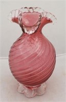 Cranberry Ruffled Edge Swirl Glass Vase