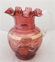 Cranberry Glass Pitcher - enamel painted