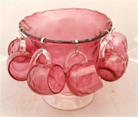 7 pc Cranberry Glass Bowl w/ 6 Cups & Hangers
