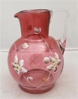 Enamel Painted Cranberry Art Glass Pitcher
