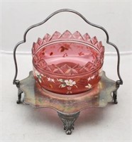 Cranberry Glass Bowl w/ Silver Plated Carrier