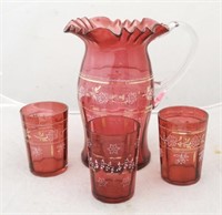 Cranberry enamel painted pitcher & 3 tumblers