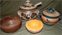 Pottery Bowls & Soup Tureen with Spoon