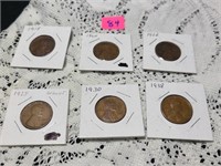 Wheat pennies, 1918, 1920, 1926, 1928,1930, 1938