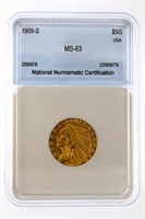 1909-S $5 IND. NNC MS-63 GREAT COIN HUGELY POPULAR