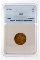 1856-S $3 PRINCESS NNC AU55 RARE S GUIDE $4750