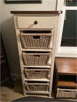 4 canvas basket  white shelving unit w/ top drawer