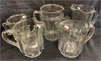 5 vintage glass water and beer pitchers - three