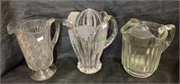 3 vintage clear glass water or beer pitchers - one