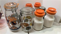 Storage container jars, a Ball jar filled with