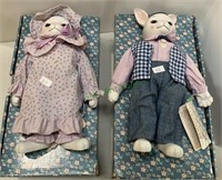 2 porcelain bunny dolls, fully dressed for