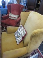 Two Assorted Velvet Wing Chairs and Accent Pillows