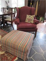 Burgundy Wing Chair and Striped Ottoman
