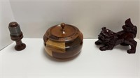 Hand carved wooden items (lidded dish, Lion),