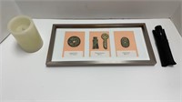 (4) framed Asian coins, LED candle, flashlight