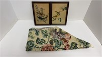 Antique bird pictures in frames, small table