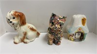 (2) ceramic coin banks, (1) ceramic cat