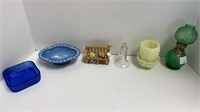 Candle, oil lamp, blue glass square bowl,