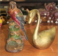 Antique Cast Iron Parrot Door Stopper & Brass Swan