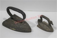 2 Antique Cast Iron Irons - Regular & Swan Shape