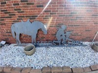 Outdoor Metal Sculpture Horse & Cowboy Kneeling