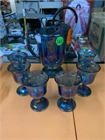 BLUE CARNIVAL PITCHER AND GLASS SET