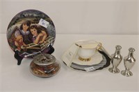 Tea Cup Set And Pewter Salt, Pepper, Covered Bowl
