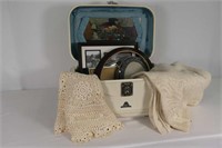Vintage Small Suitcase, Frames, Doilies, Etc.