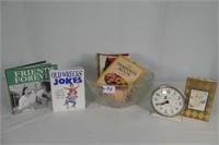 Glass Bowl W/ Books And Wind Up Alarm Clock