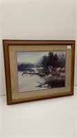 Winter deer scene print in frame