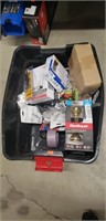 Tote of miscellaneous tools and hardware hoses,