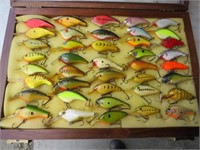 COLLECTION OF (40) HANDMADE LURES IN WOOD CASE