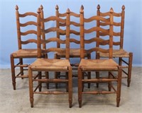 Five Oak Ladder-Back Chairs with Rush Seats