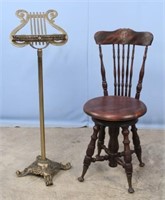 C. 1900 Piano Chair and Modern Brass Music Stand
