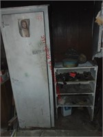 Tall wood cabinet WITH CONTENTS, wood shelf &