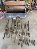Vintage Wooden Carpenters Tool Box & Tools