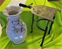 Brass/Iron Fireplace Trivet & Porcelain Vase