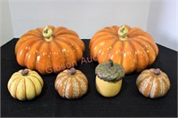 5 Ceramic Decorative Pumpkins & 1 Acorn Candle