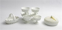 Hobnail Milk Glass Candy Dish, Basket & Cups